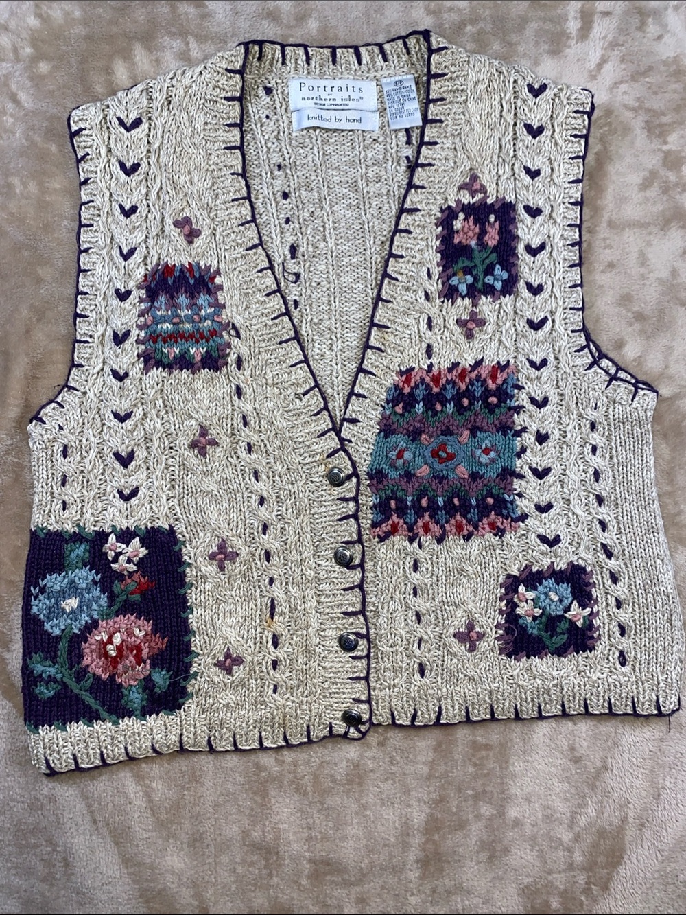 Northern Isle Portraits Cream Hand-Knit Floral Patchwork Cardigan Vest